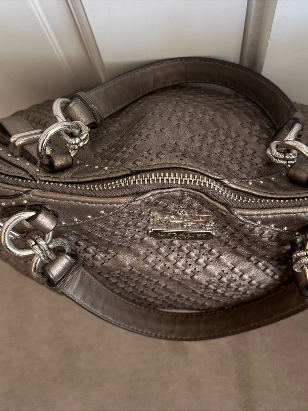 Coach Metallic Taupe Woven Leather Satchel with Stud Accents - Picture 3 of 5
